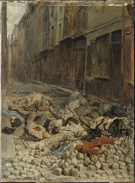 Dipinto olio su tela di Ernst Meissonier intitolato 'Barricade' (1850), raffigurante corpi senza vita su una strada acciottolata con edifici in sfondo